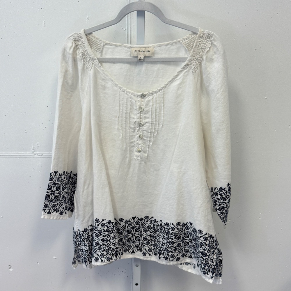 Jones New York Sport Linen Embroidered Blouse White Navy XL Pintuck Peasant Top